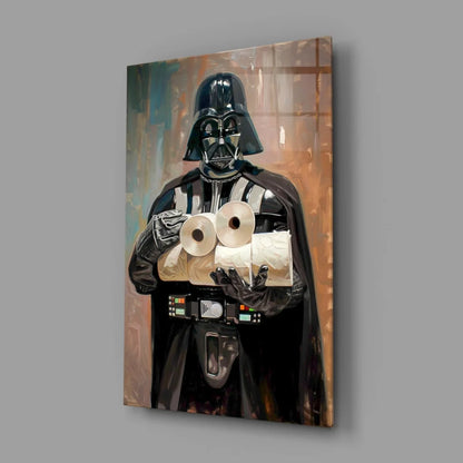 Darth Vader in black armor holding toilet paper wall art canvas print