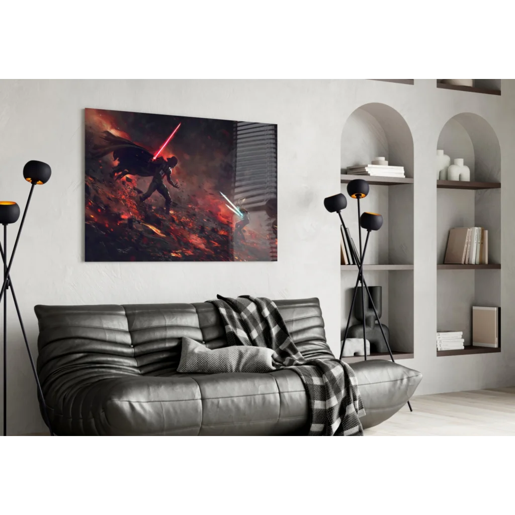Epic Star Wars lightsaber duel wall art with black leather sofa