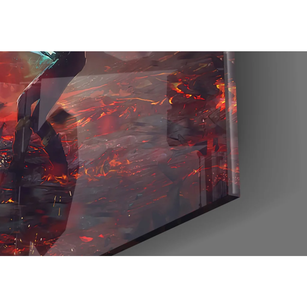 Epic Star Wars lightsaber duel glass wall art with fiery lava anime figure