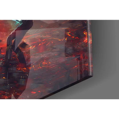 Epic Star Wars lightsaber duel glass wall art with fiery lava anime figure