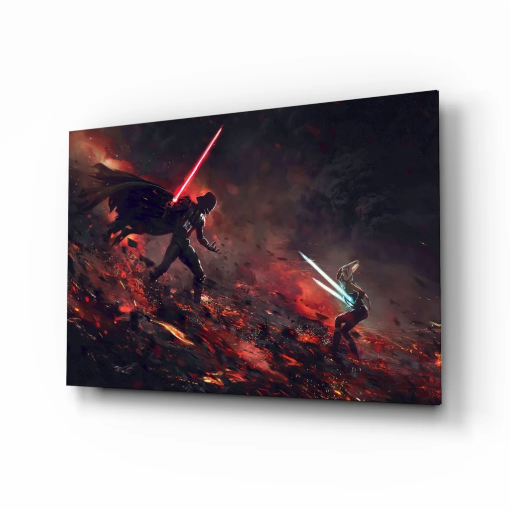 Epic Star Wars lightsaber duel canvas wall art on fiery volcano