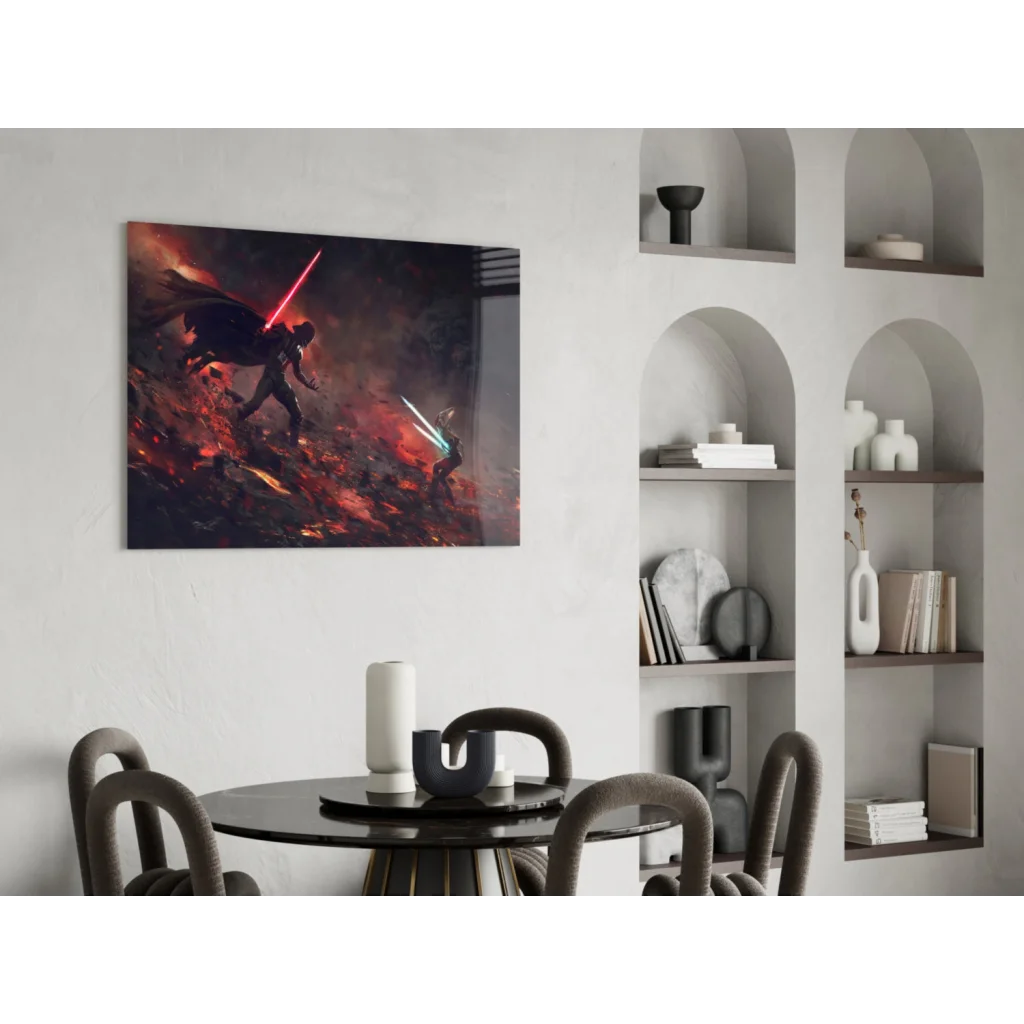 Epic Star Wars lightsaber duel canvas wall art with red and blue blades