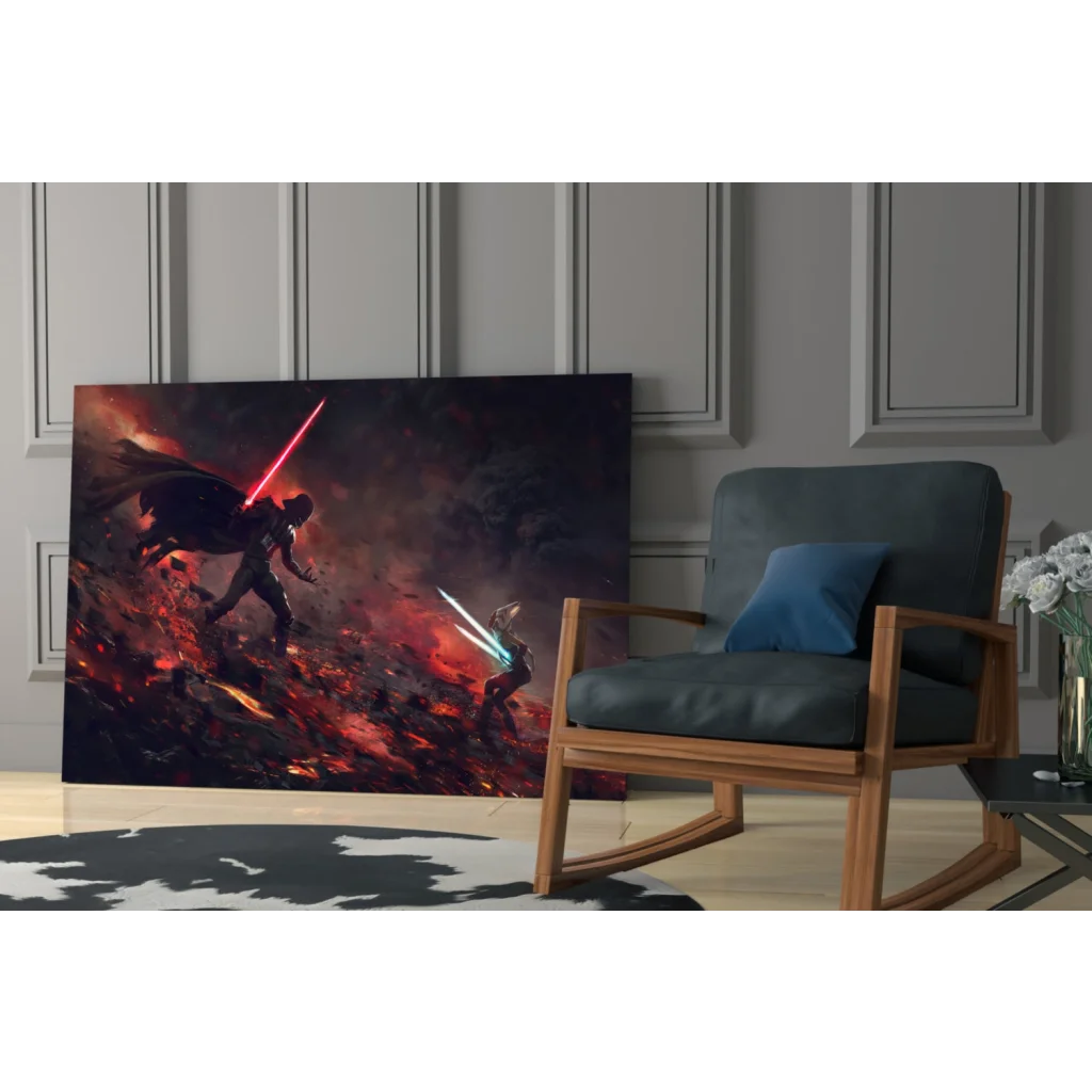 Epic Star Wars lightsaber duel canvas wall art in reds and blues