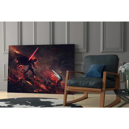 Epic Star Wars lightsaber duel canvas wall art in reds and blues