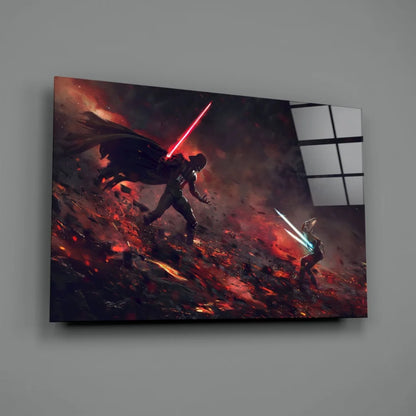 Epic Star Wars lightsaber duel canvas wall art on fiery terrain