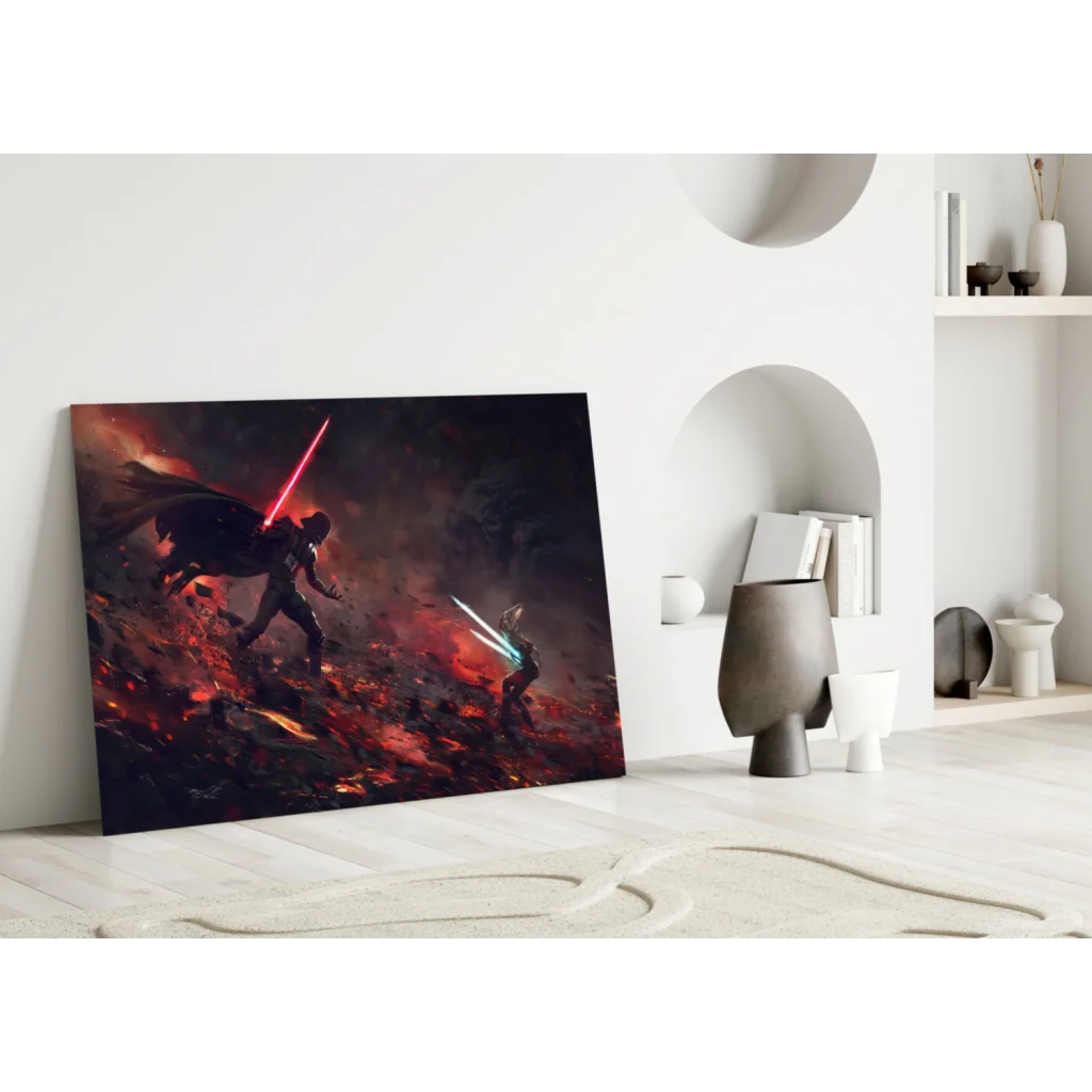Epic Star Wars lightsaber duel canvas wall art in fiery red chaos