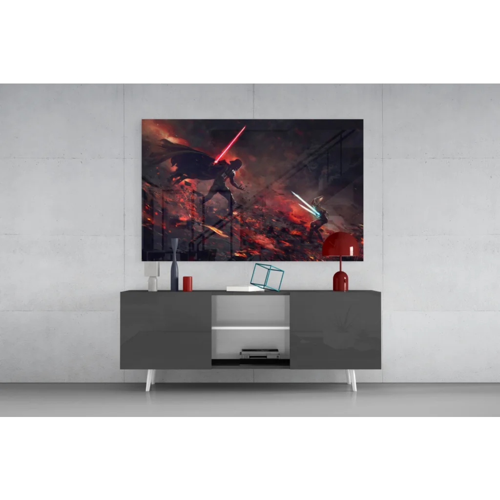 Epic Star Wars lightsaber duel canvas wall art with red and blue blades