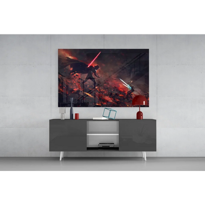 Epic Star Wars lightsaber duel canvas wall art with red and blue blades