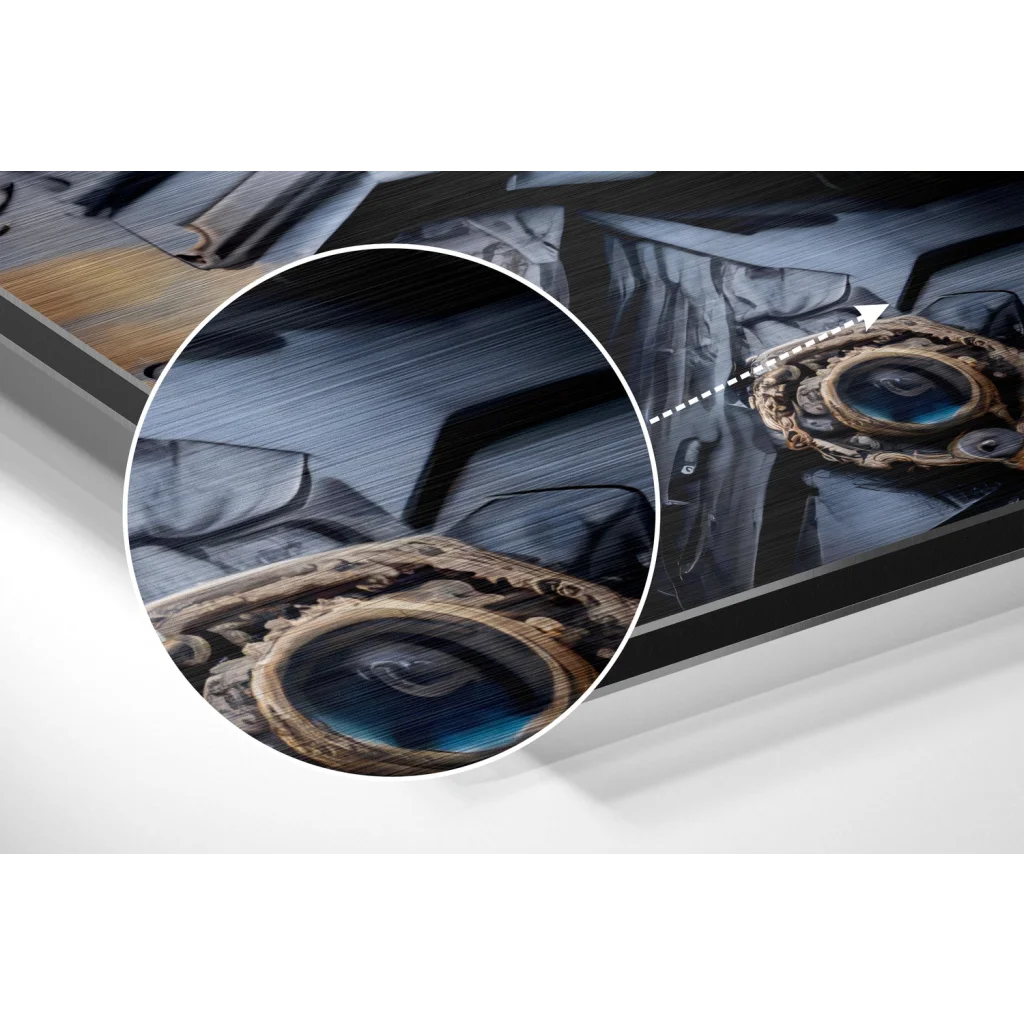 glass wall art Steampunk eye in ornate golden frame on brushed aluminium dibond