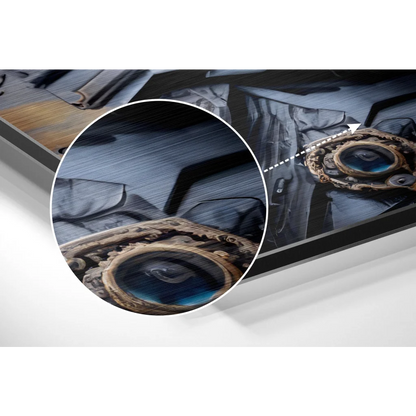 Steampunk eye in ornate golden frame on brushed aluminium dibond