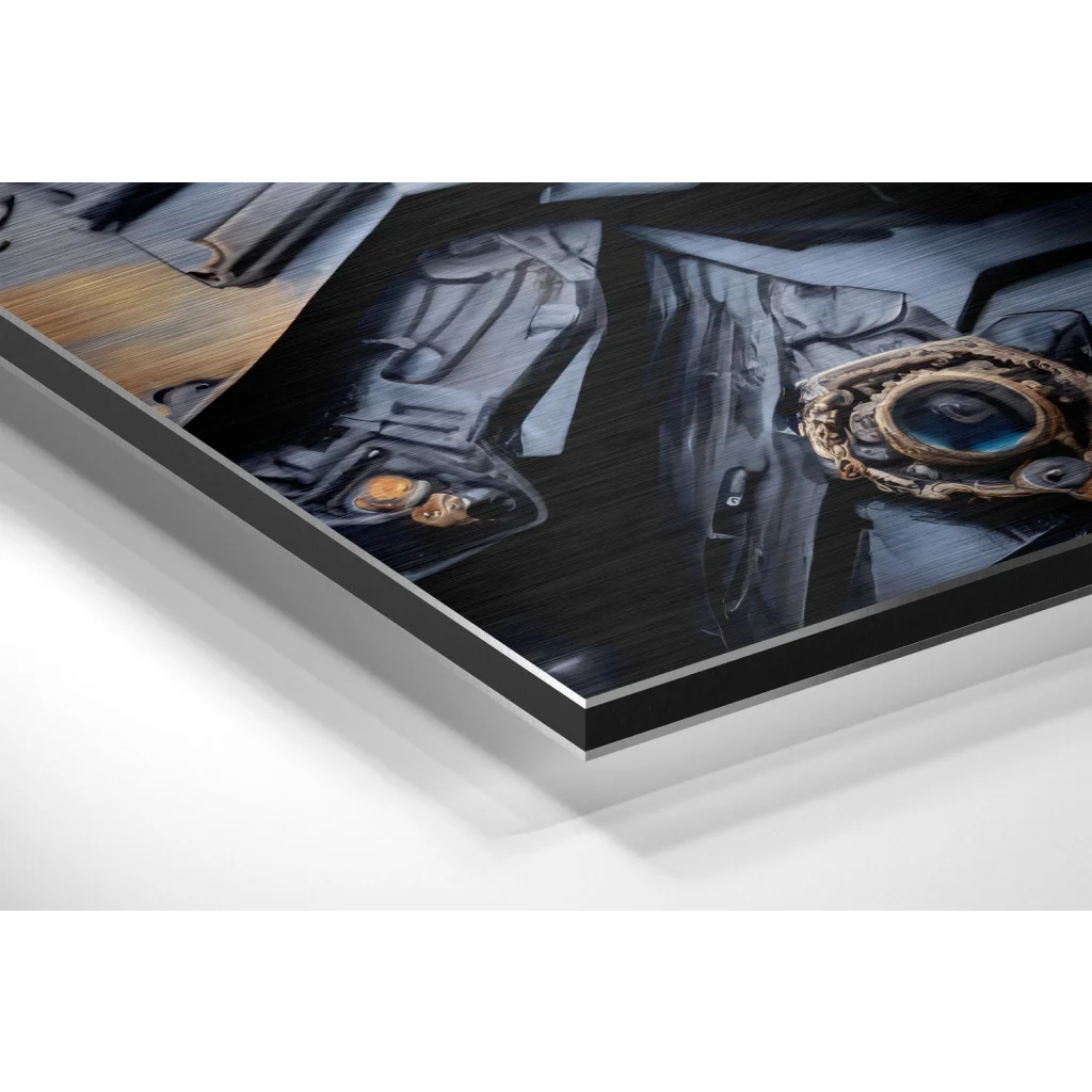 Steampunk eye in black silver frame on brushed aluminium dibond