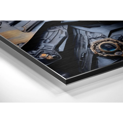 Steampunk eye in black silver frame on brushed aluminium dibond