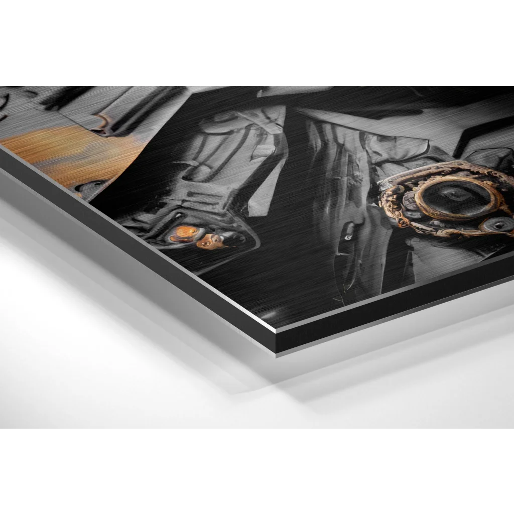 Glass Wall Art Steampunk Vader brushed aluminium dibond art print in sleek frame