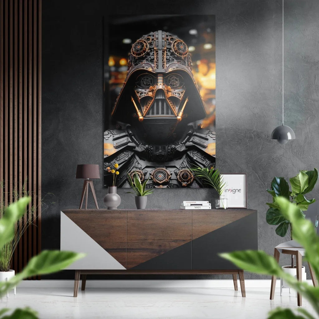 Steampunk Vader brushed aluminium Dibond art print with brass gears