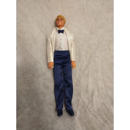 Date Night Ken doll in 1982 vintage formal set with white shirt, blue pants, bow tie