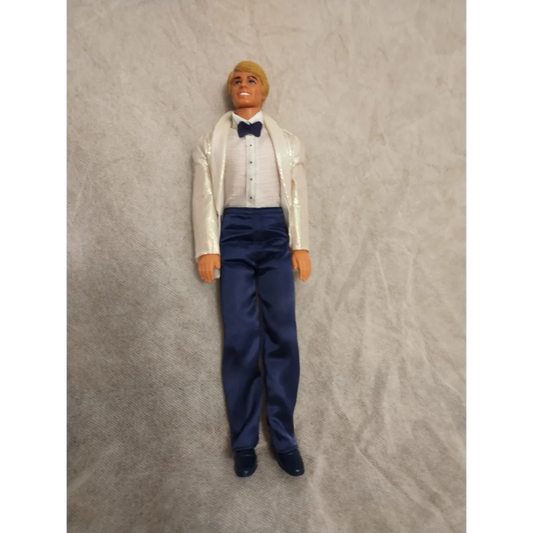 Date Night Ken doll in 1982 vintage formal set with white shirt, blue pants, bow tie