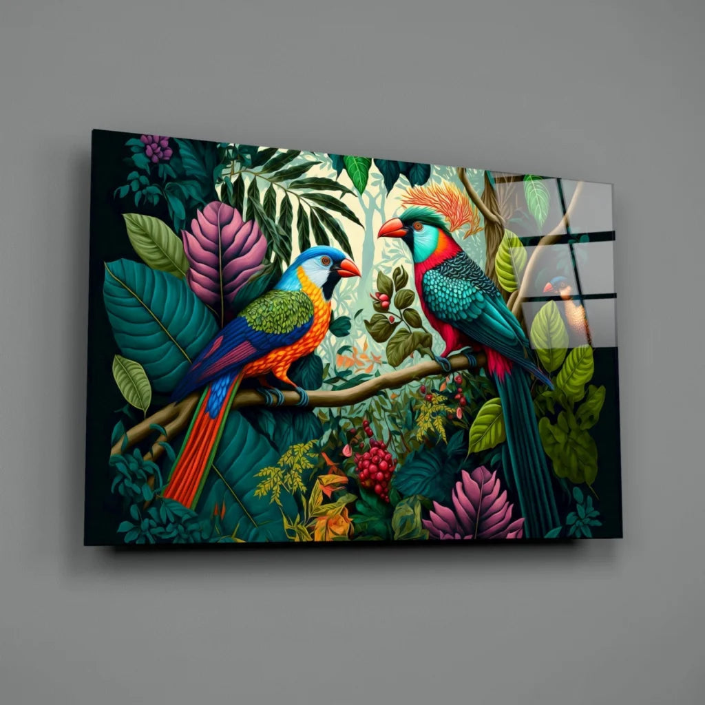 Vivid tropical parrot glass wall art on glossy acrylic panel