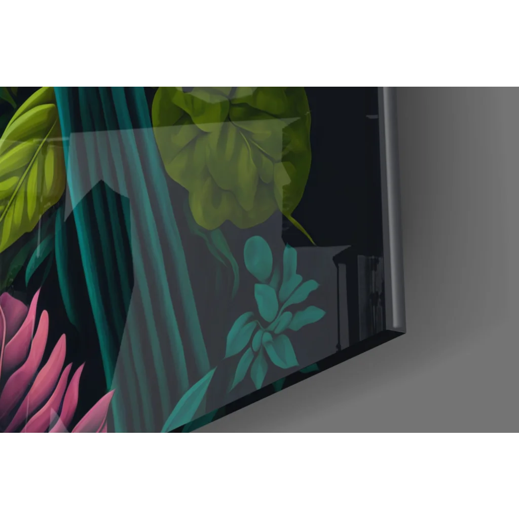 Vibrant Tropical Parrot glass wall art with teal green pink leaf designs
