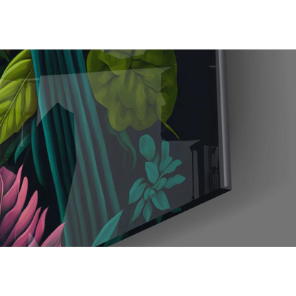 Vibrant Tropical Parrot glass wall art with teal green pink leaf designs