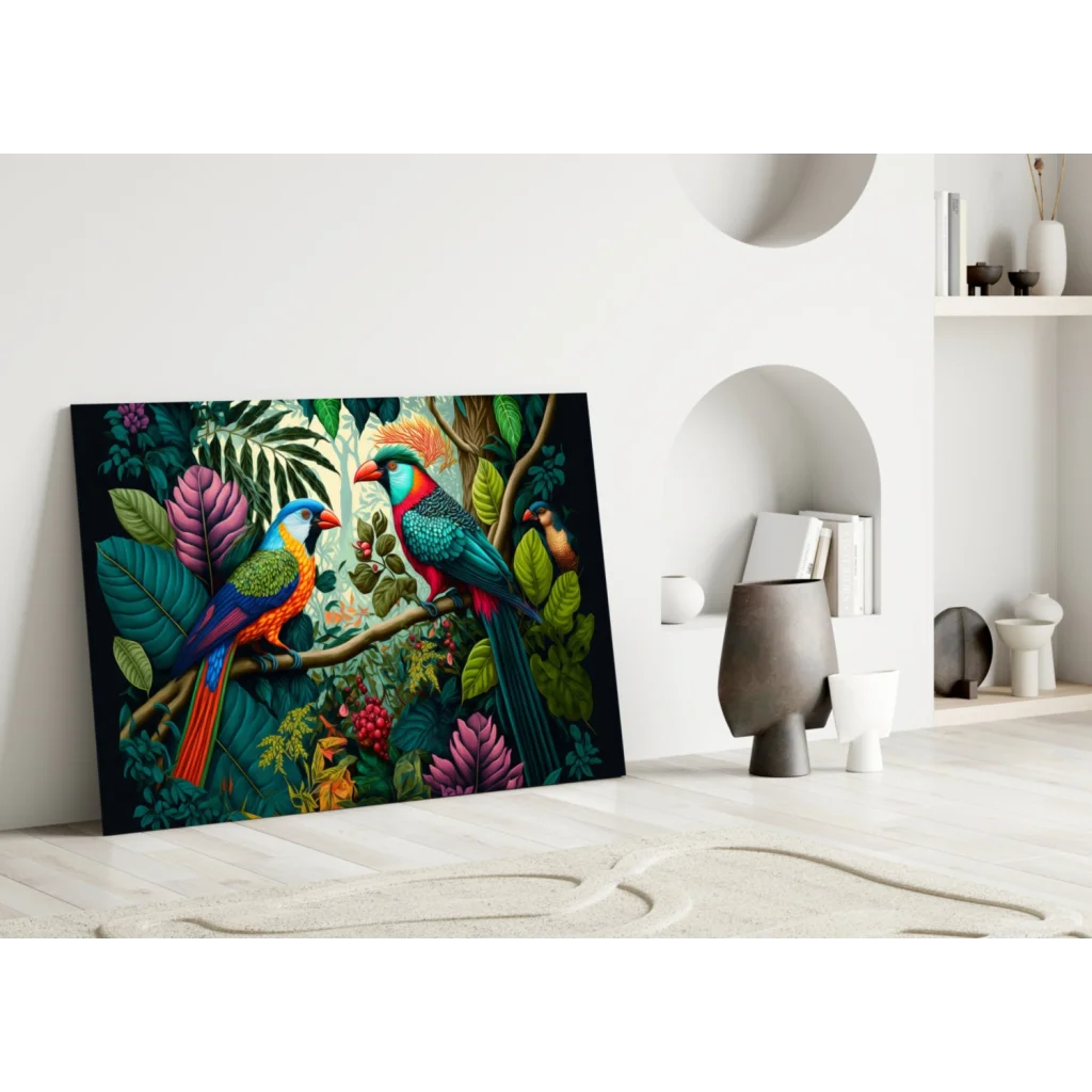 Vivid tropical parrot glass wall art with colorful birds on branch