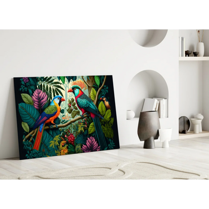 Vivid tropical parrot glass wall art with colorful birds on branch