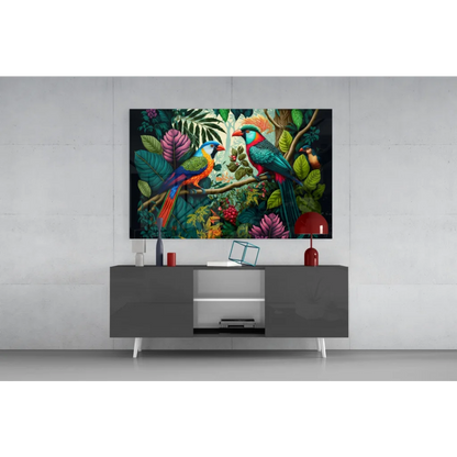 Vibrant tropical parrot glass wall art with iridescent feathers