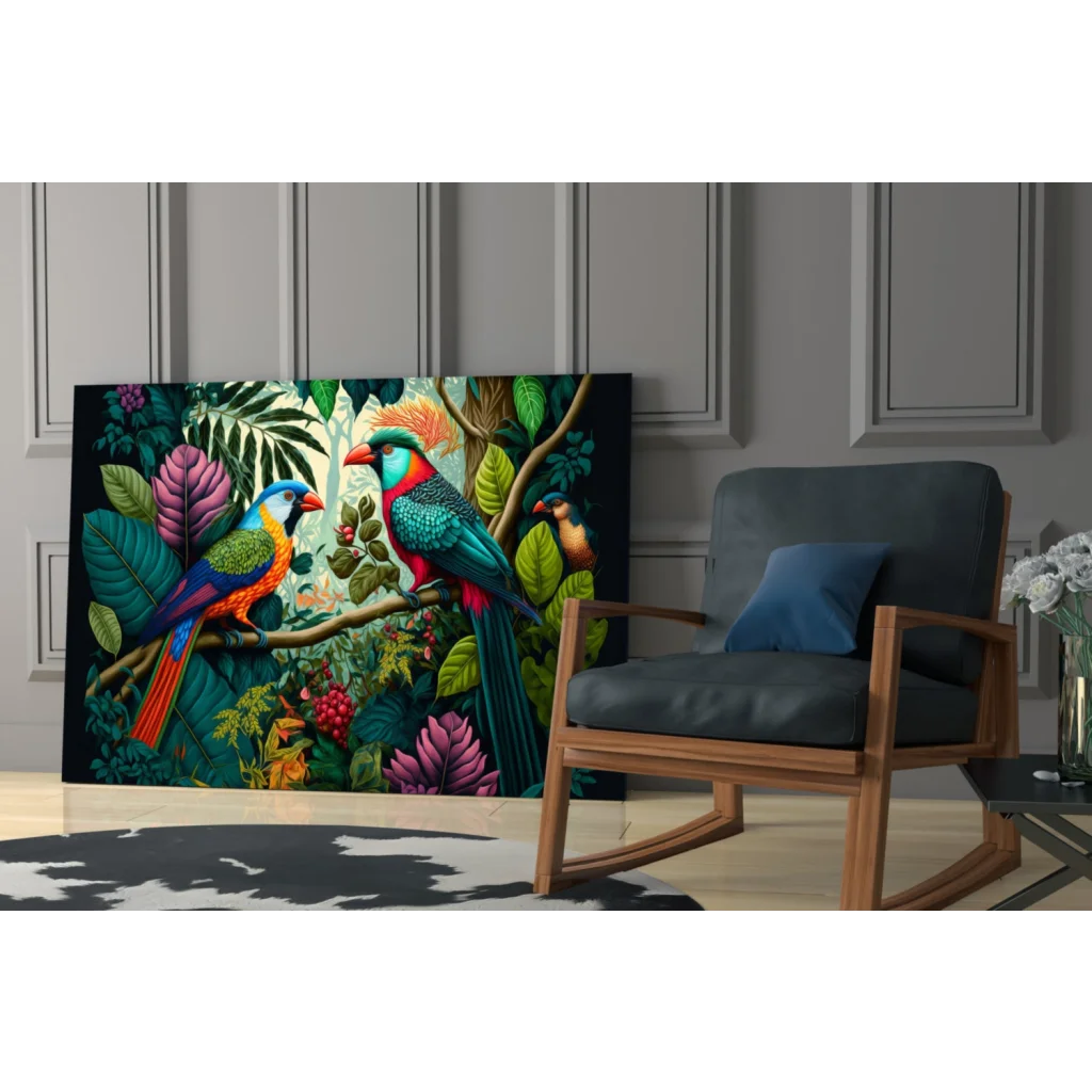 Vivid colorful parrots on tropical glass wall art with lush foliage