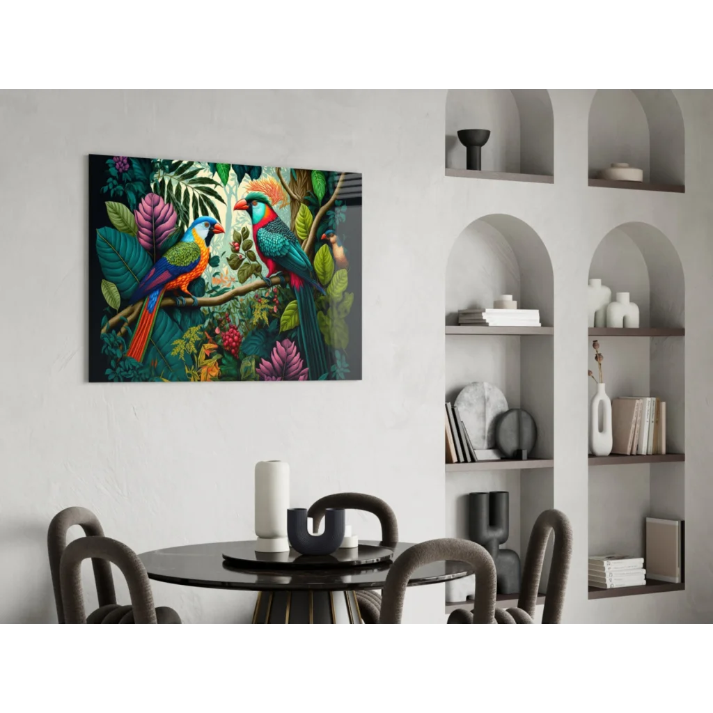 Vivid tropical parrot glass wall art with colorful birds on branch