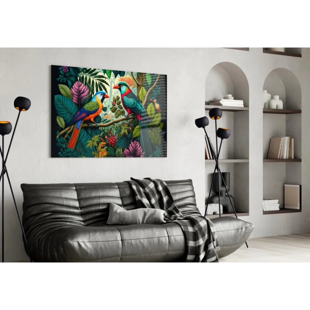 Vibrant tropical parrot glass wall art with lush foliage and vivid colors