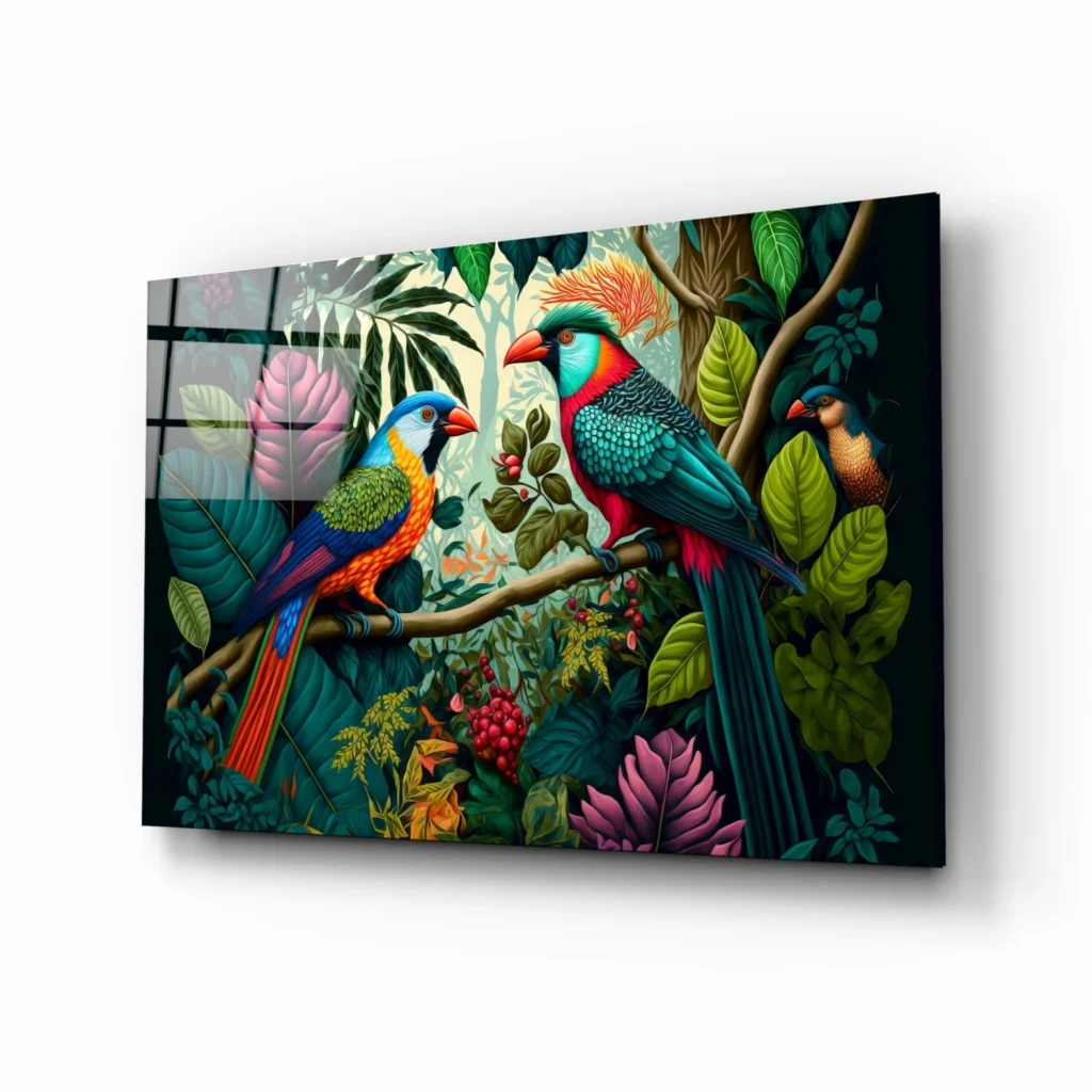 Vivid tropical parrot glass wall art mural on glossy acrylic panel
