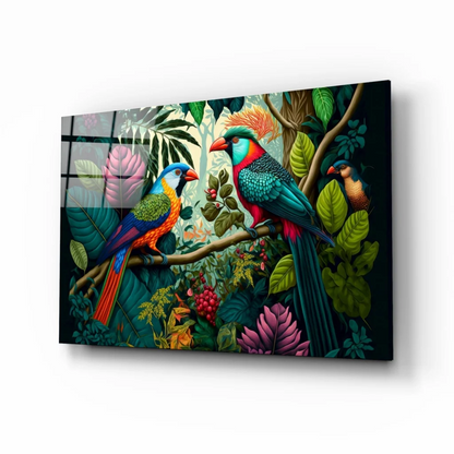 Vivid tropical parrot glass wall art mural on glossy acrylic panel
