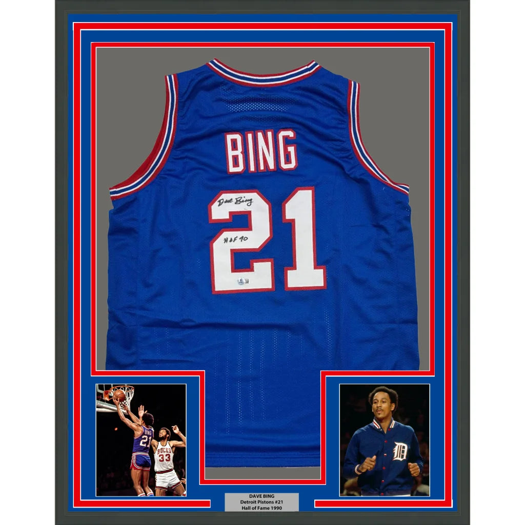 Framed Dave Bing signed Pistons blue jersey with white lettering