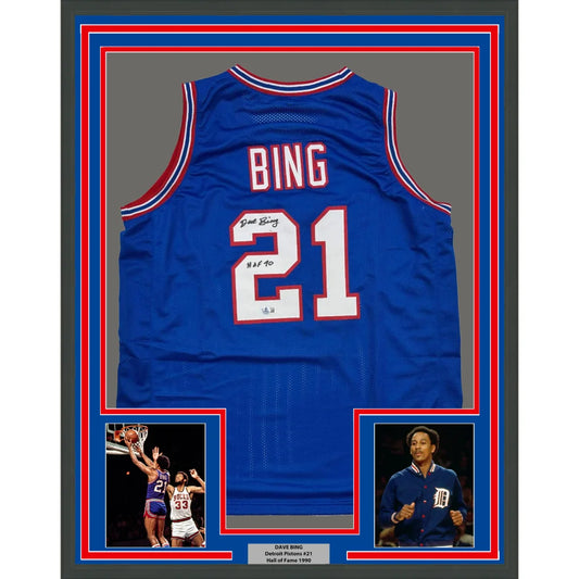 Framed Dave Bing signed Pistons blue jersey with white lettering