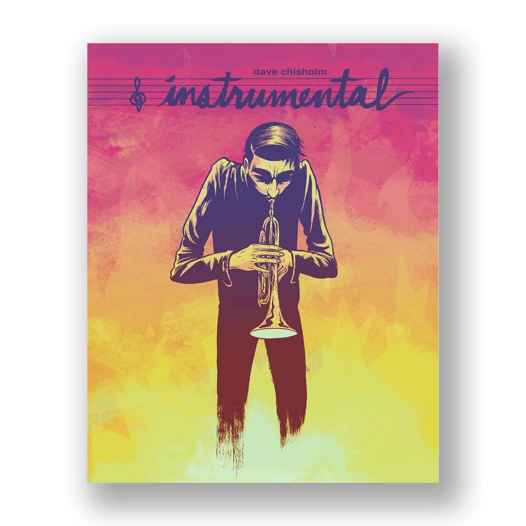 Dave Chisholm graphic novel with stylized trumpet player on vibrant watercolor background