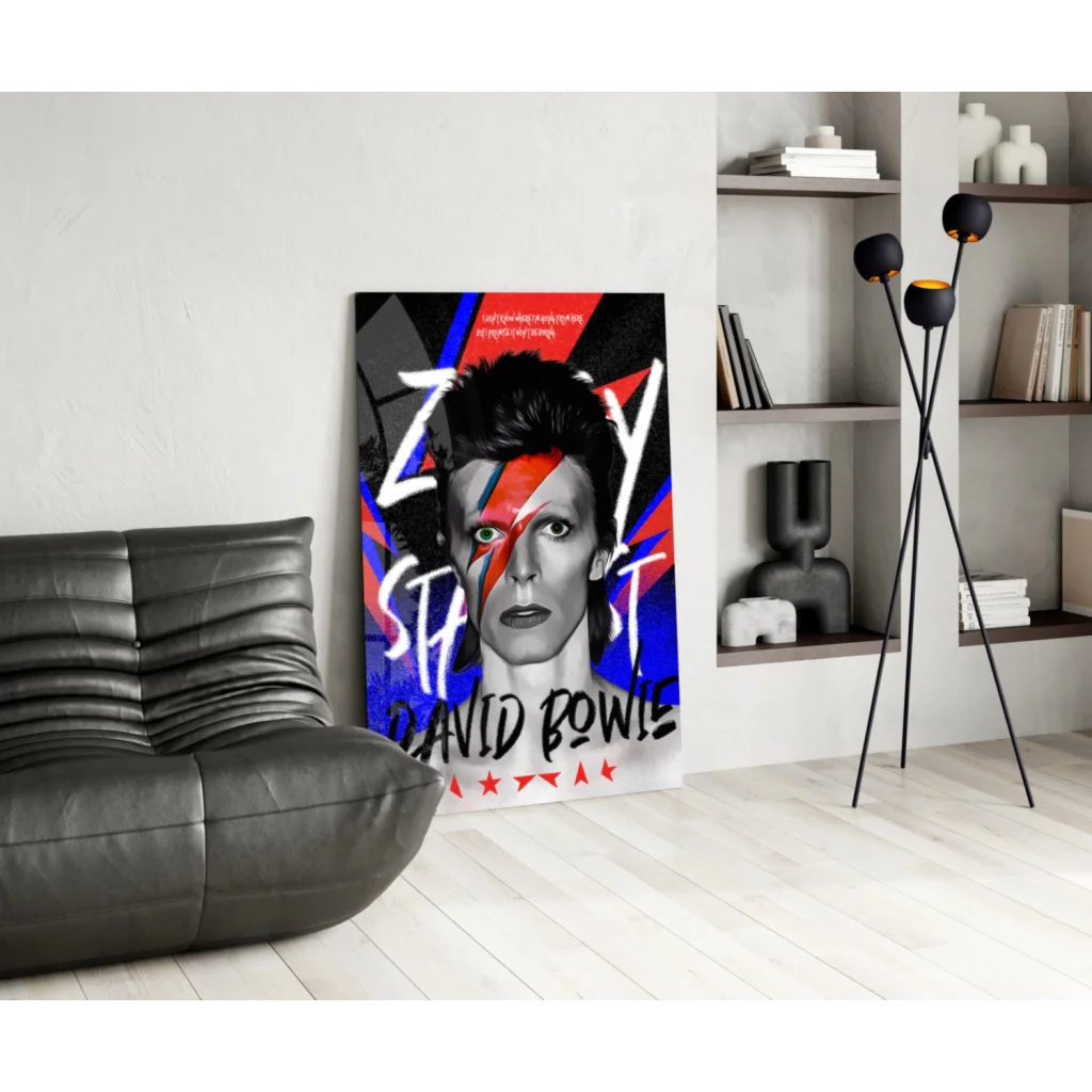 Vibrant Ziggy Stardust wall art canvas print with lightning bolt face