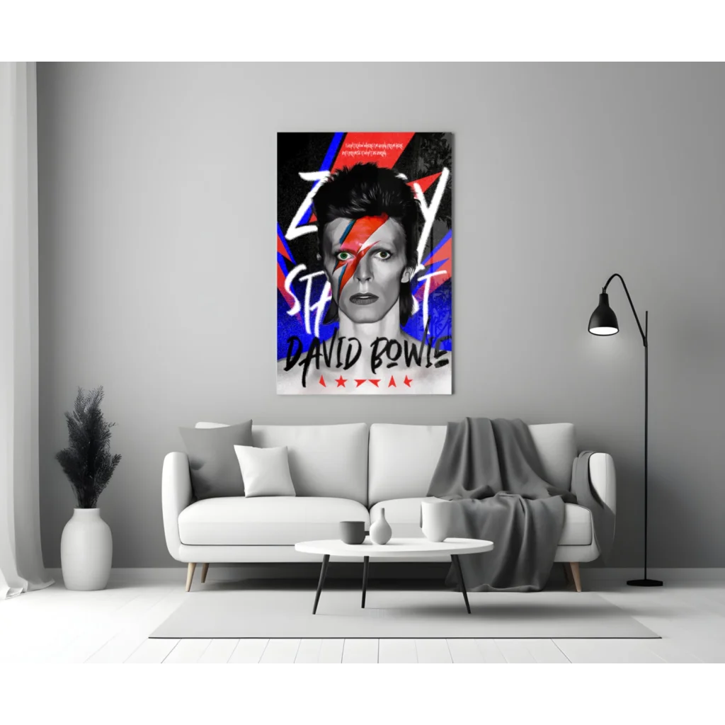 Vibrant Ziggy Stardust wall art canvas print with bold lightning bolt on David Bowie