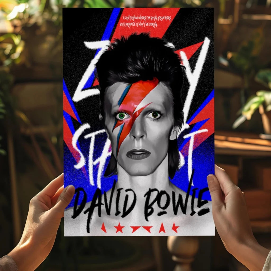 David Bowie Lightning Bolt aluminum print set of 4 in bold red blue on black