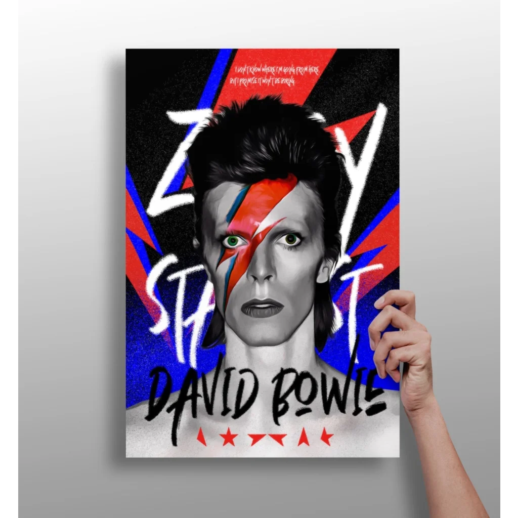 David Bowie lightning bolt poster in red, blue, white on aluminum print set of 4