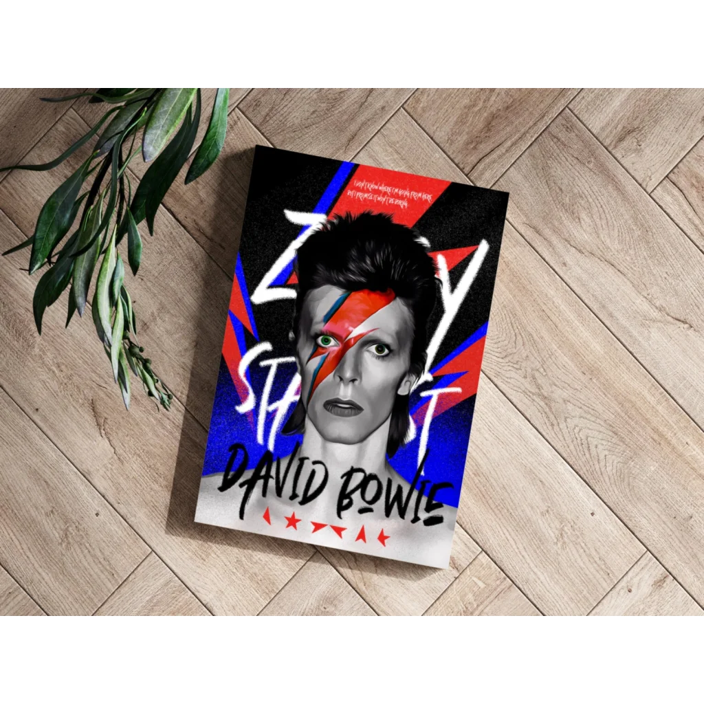 David Bowie Lightning Bolt aluminum print set of 4 with bold red blue book cover on white background
