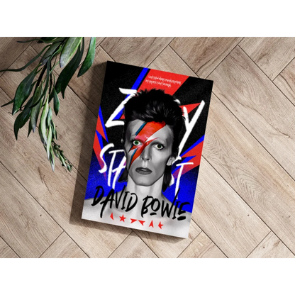 David Bowie Lightning Bolt aluminum print set of 4 with bold red blue book cover on white background
