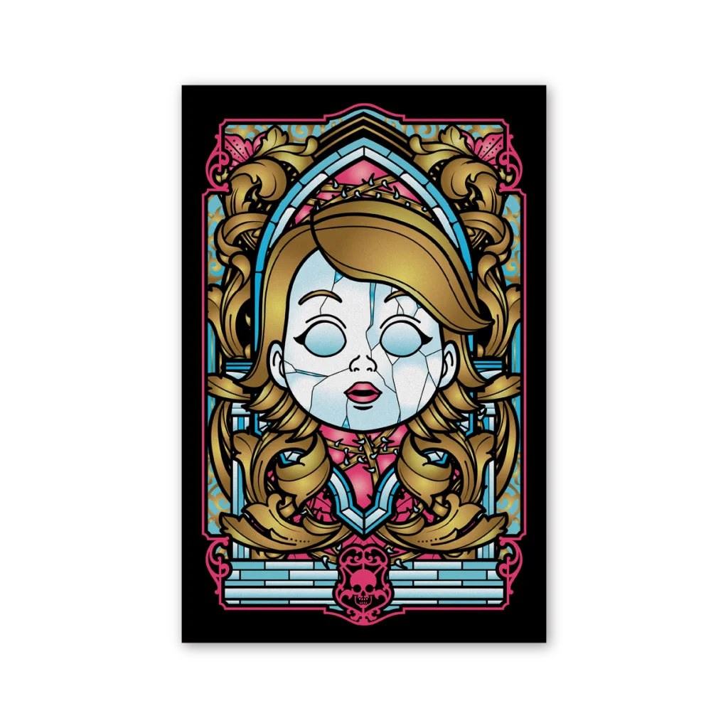 Stylized cracked porcelain doll head with blonde hair in gothic frame for David Dastmalchian deluxe edition art prints