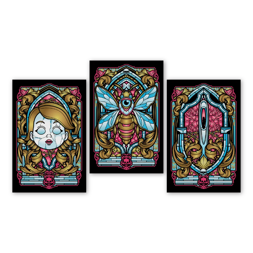 David Dastmalchian deluxe edition art prints with stained-glass style artworks of a cracked doll, bee with an eye, and needle and thread