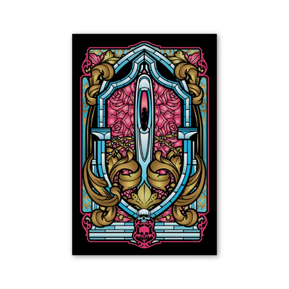 Ornate stained-glass art with sword roses skull for David Dastmalchian deluxe edition art prints