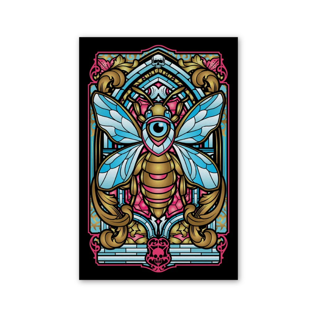 Stylized bee with eye on back, gothic arches, floral patterns in David Dastmalchian deluxe edition art prints