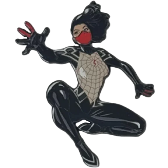 Black and white Spider-Woman enamel pin with red mask from Nakayama Marvel blind box