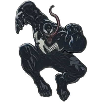 Glossy black Venom enamel pin with white spider emblem and red tongue from Nakayama Marvel blind box