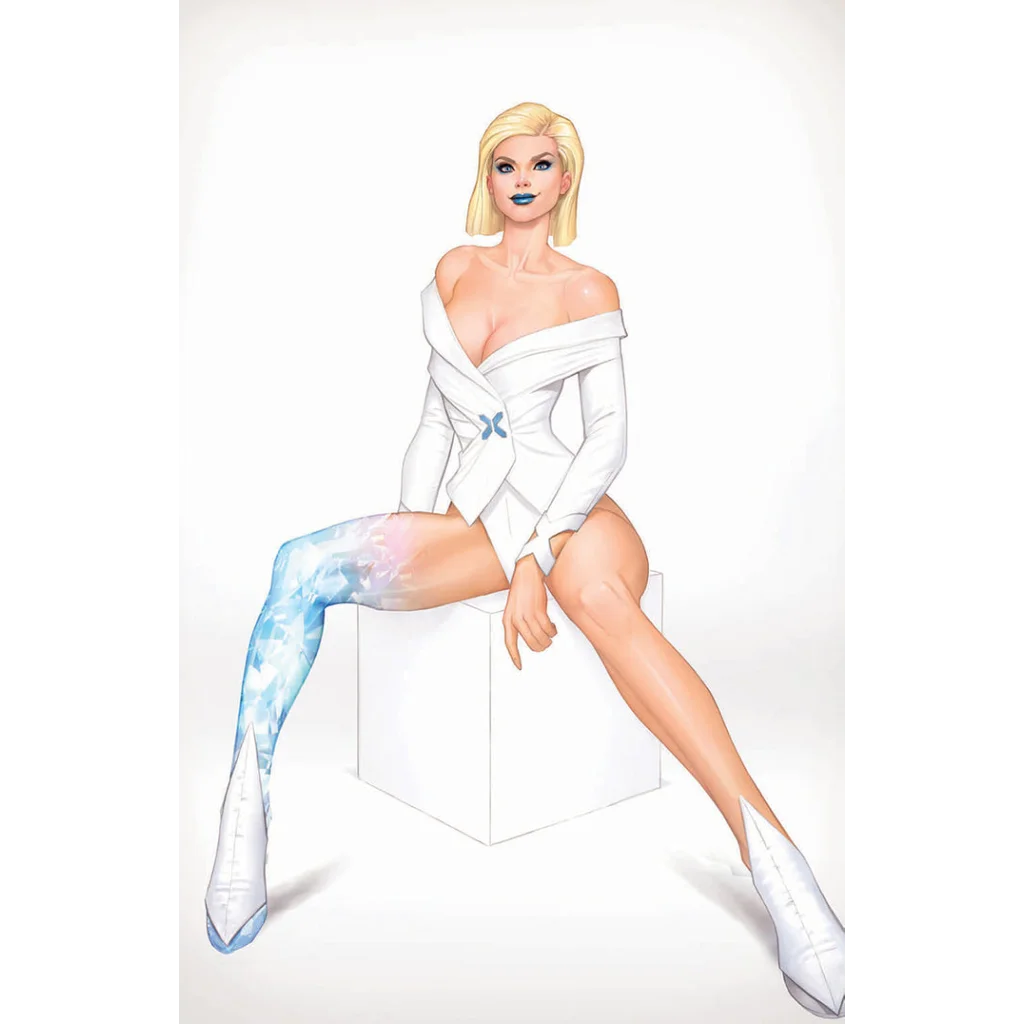 Blonde woman in white off-the-shoulder top with icy blue leg for David Nakayama comic