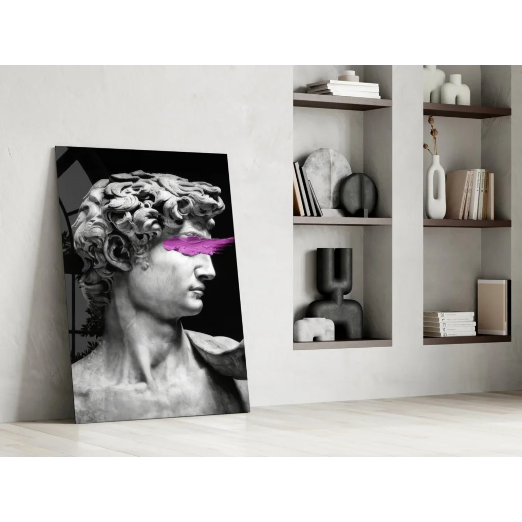 Black-and-white David statue canvas wall art with pink feather stripe