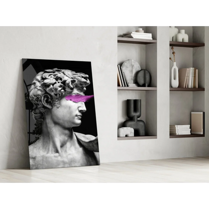 Black-and-white David statue canvas wall art with pink feather stripe