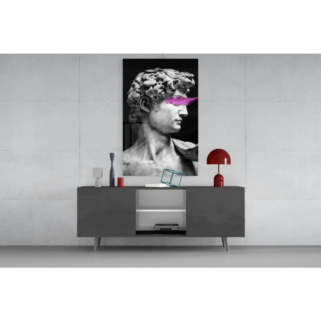Black and white David statue canvas wall art with pink eye stripe